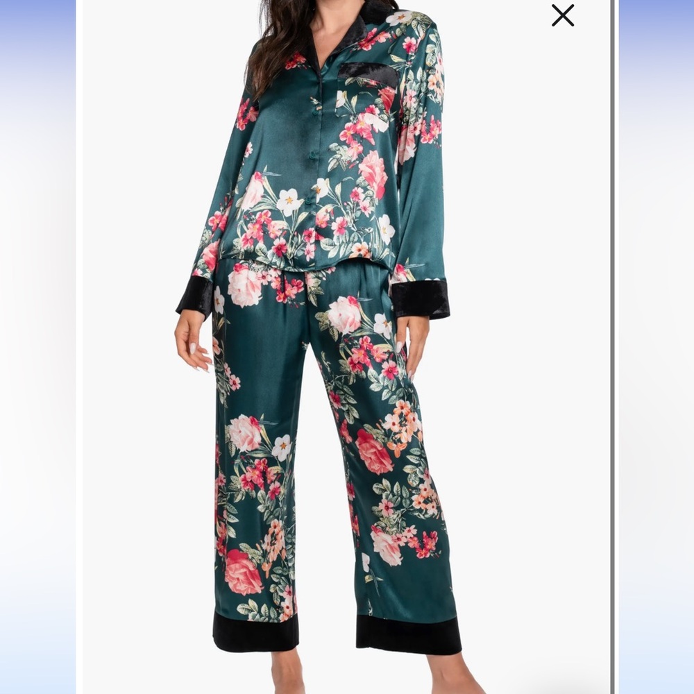 Floral Satin Pajama Set - Green